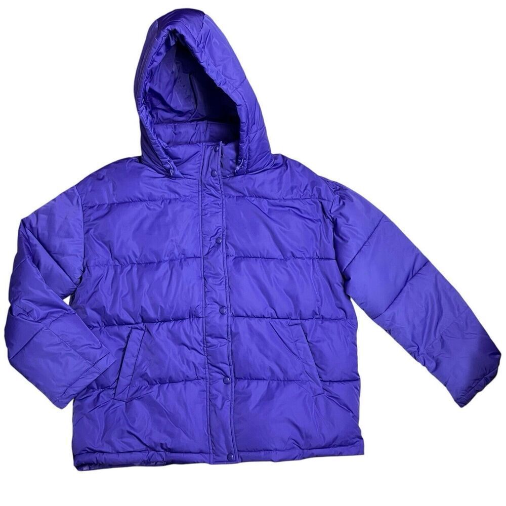 Rebecca Minkoff Coat WMNS L Purple Sapphire Puffer Hooded Zip Snap Bright Jacket